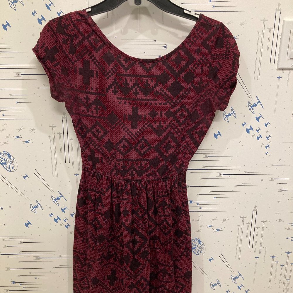 Topshop maroon tribal print, low back dress (Size 2)